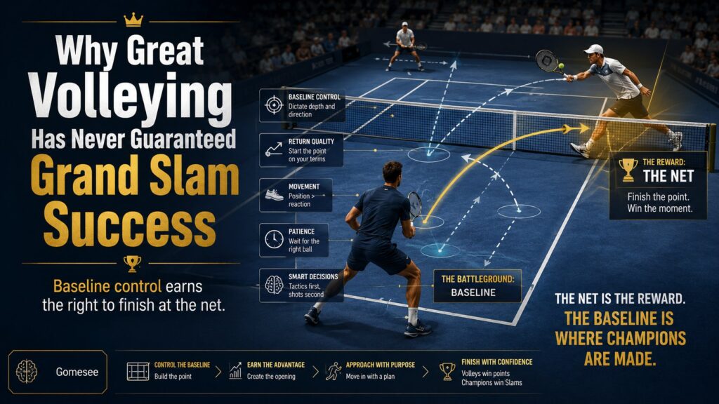 Net play in tennis and baseline control strategy
