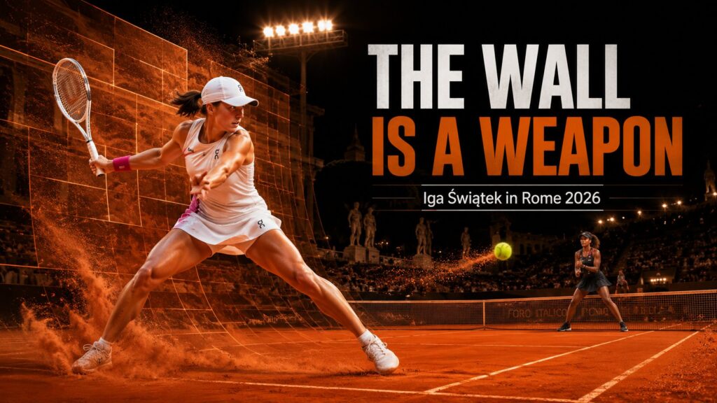AI illustration of Iga Swiatek Rome 2026 showing the wall is a weapon tennis lesson on red clay