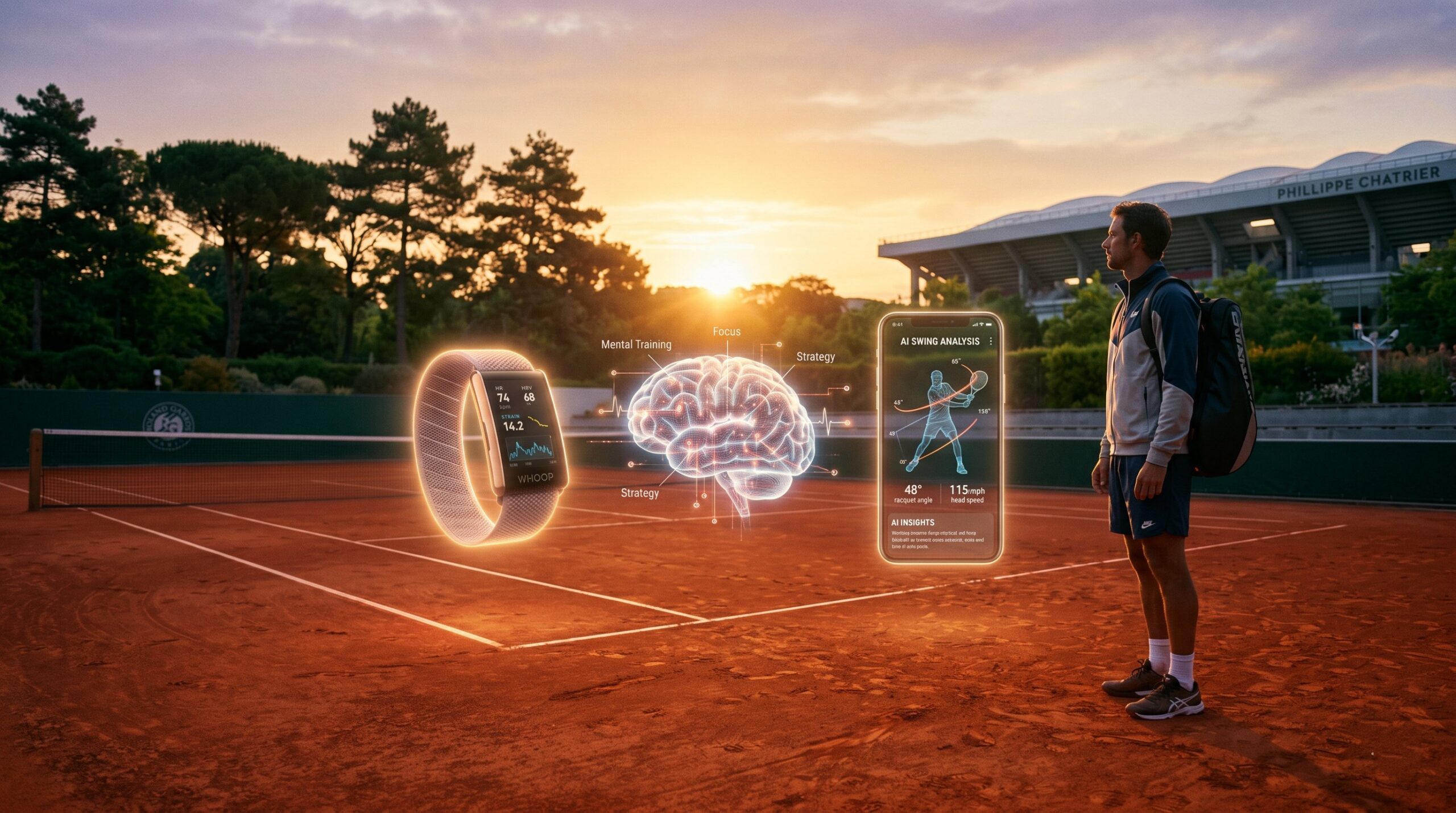 Tennis technology revolution showing biometric recovery, mental training, and AI-powered swing analysis